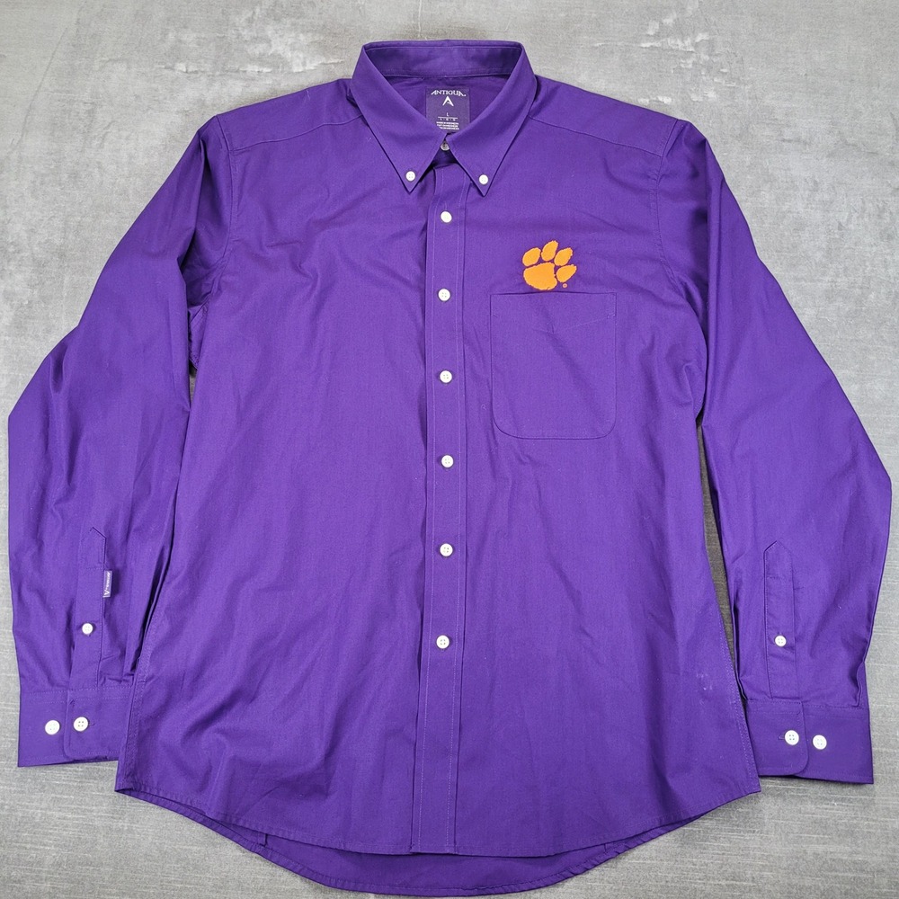 Antigua Clemson Tigers Button Down Shirt‎ Mens Large Purple Long Sleeve